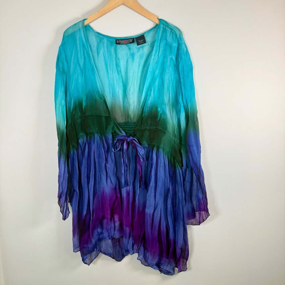 The Pyramid Collection Tie Dye Kimono Cardigan Cover Up Top‎ XL Tie Front BOHO